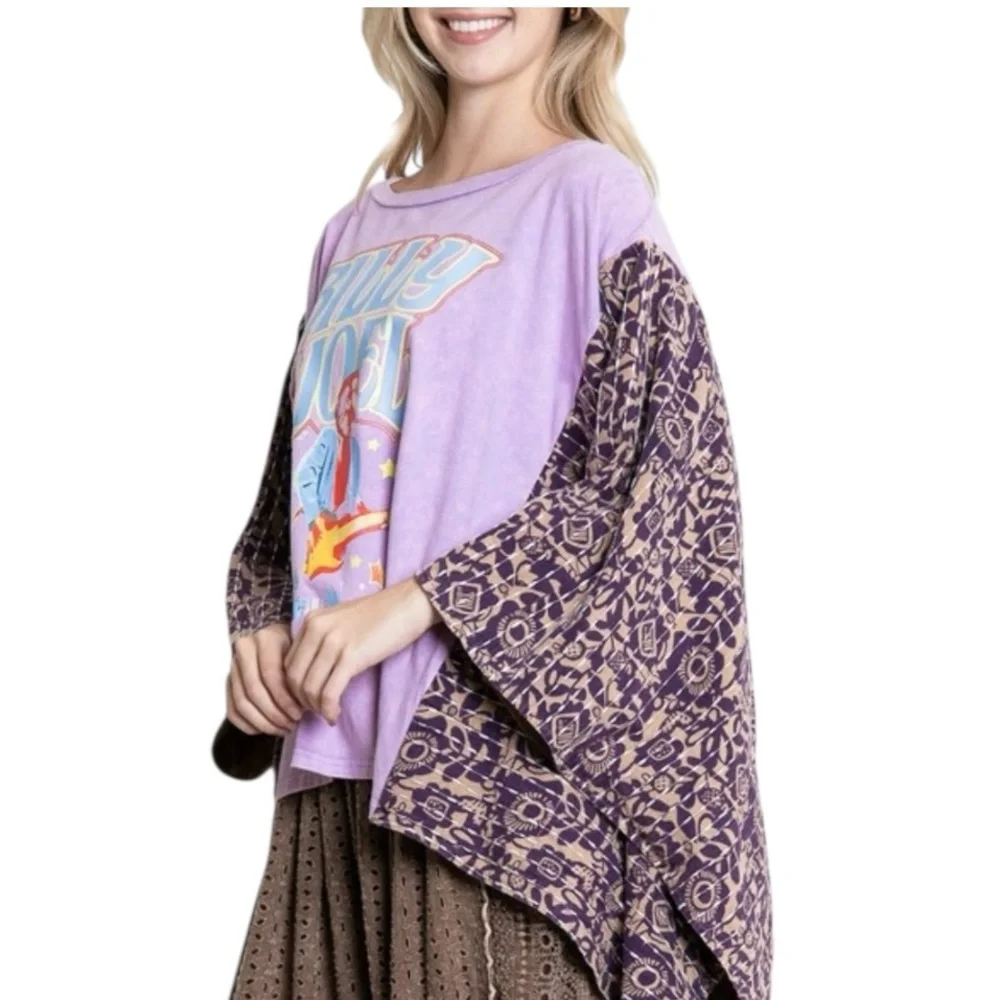 Custom Billy Joel Upcycled Kantha Graphic Tee / Boho Tunic Top - Picture 2 of 3